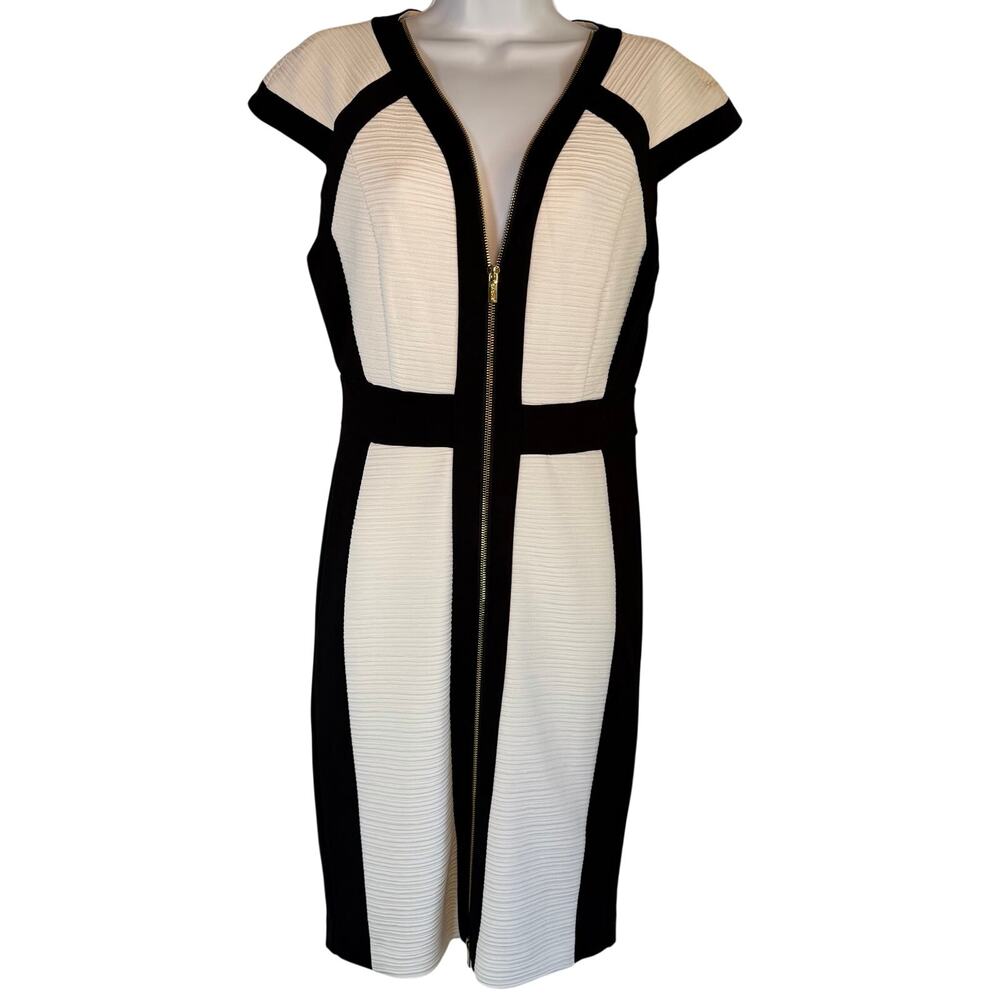 Caché women’s bodycon white black ColorBlock dress nwot front zip sexy sz small